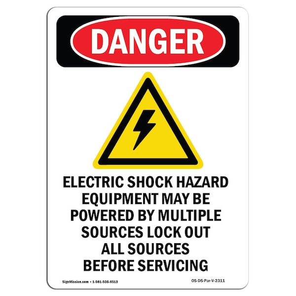 Safety Sign, OSHA Danger, 5" Height, Electric Shock Hazard, Portrait, 10PK